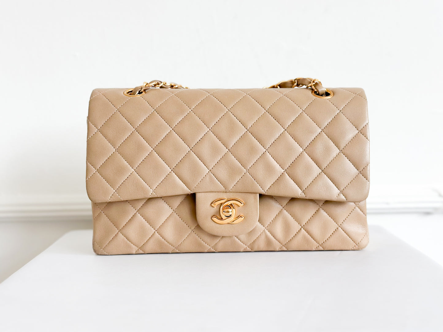 Vintage Chanel Classic Double Flap Bag Quilted Lambskin Medium Beige