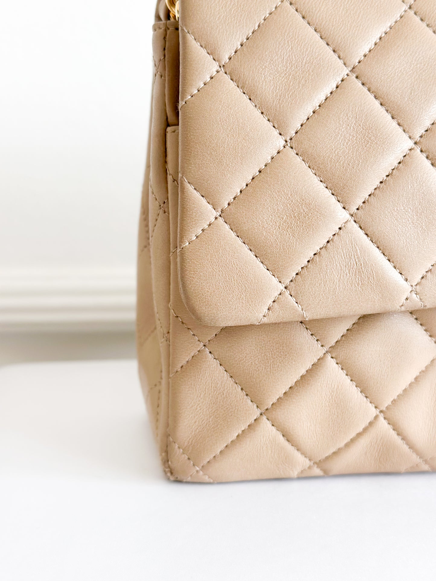 Vintage Chanel Classic Double Flap Bag Quilted Lambskin Medium Beige