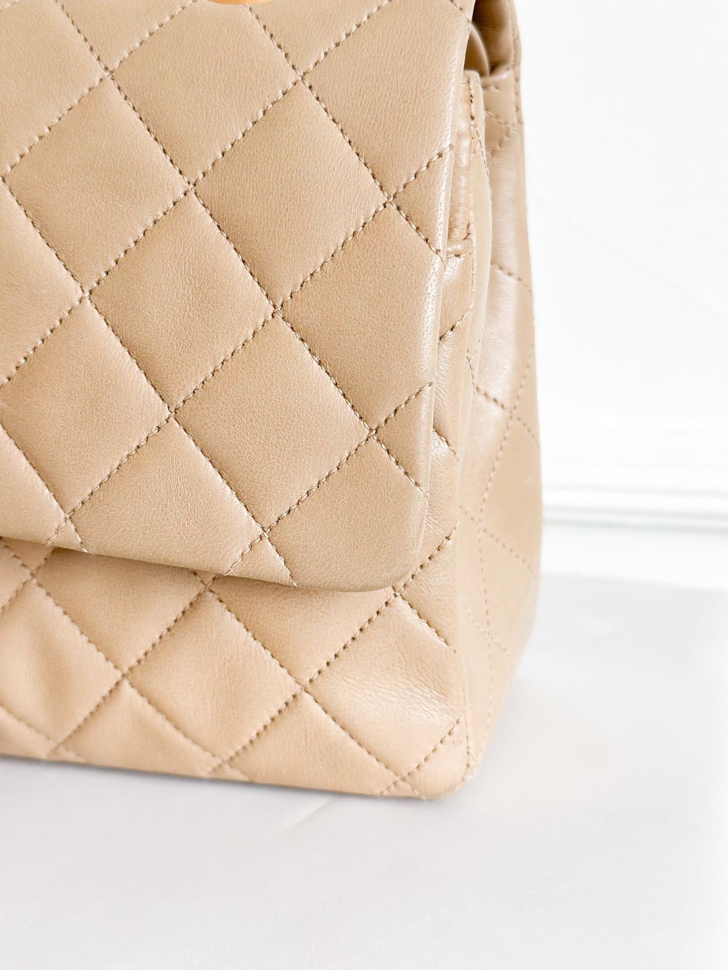 Vintage Chanel Classic Double Flap Bag Quilted Lambskin Medium Beige