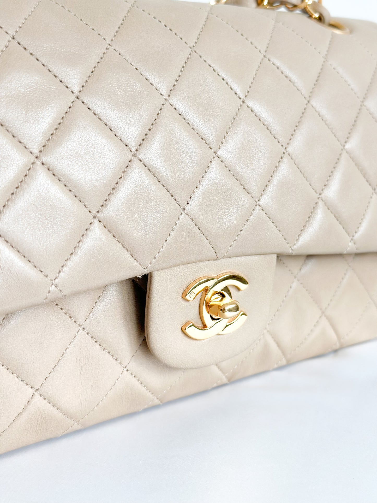 Vintage Chanel Classic Double Flap Bag Quilted Lambskin Medium Beige
