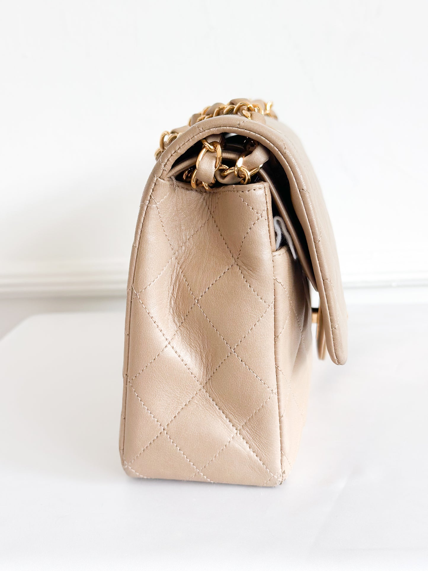Vintage Chanel Classic Double Flap Bag Quilted Lambskin Medium Beige