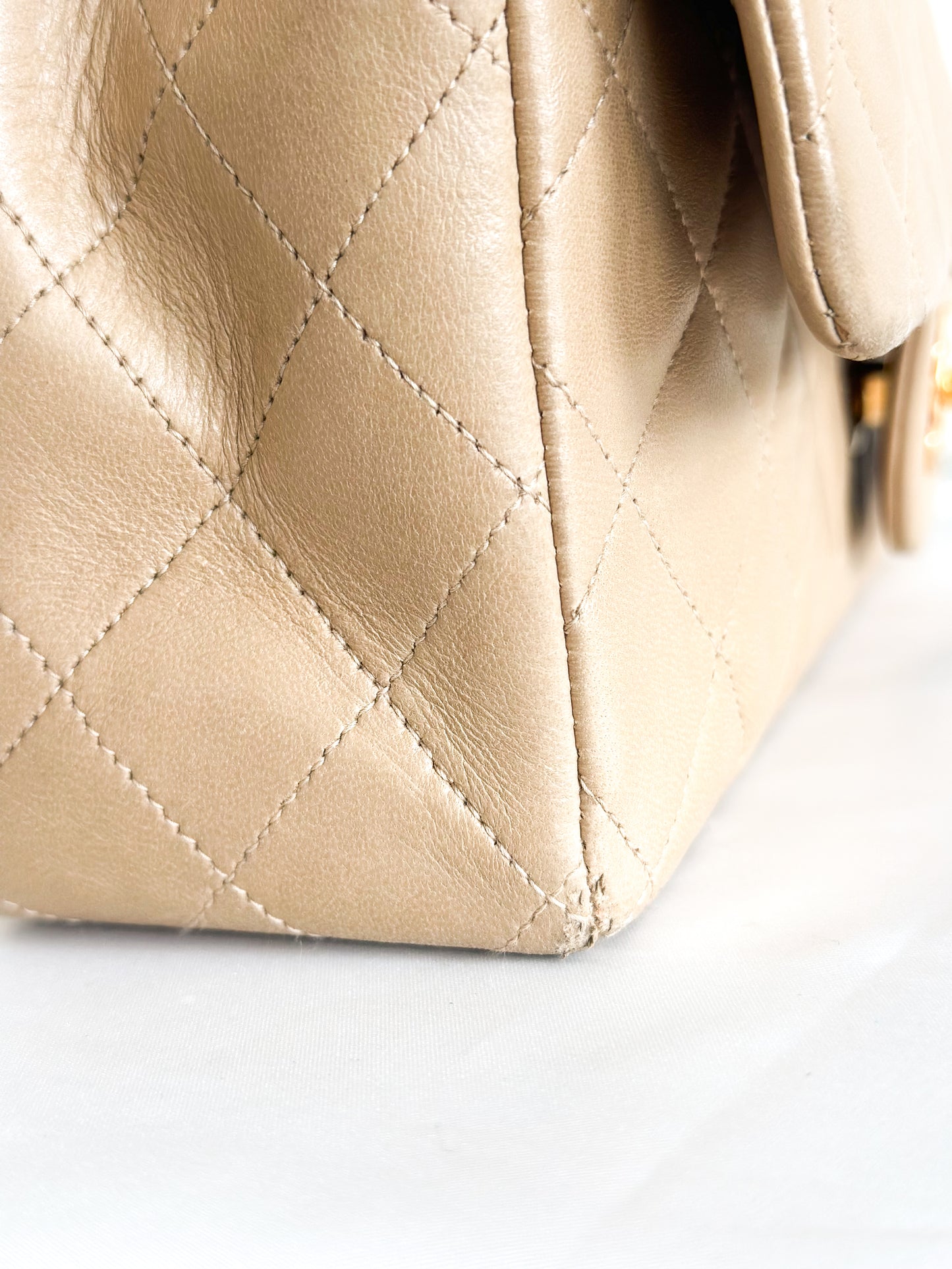 Vintage Chanel Classic Double Flap Bag Quilted Lambskin Medium Beige