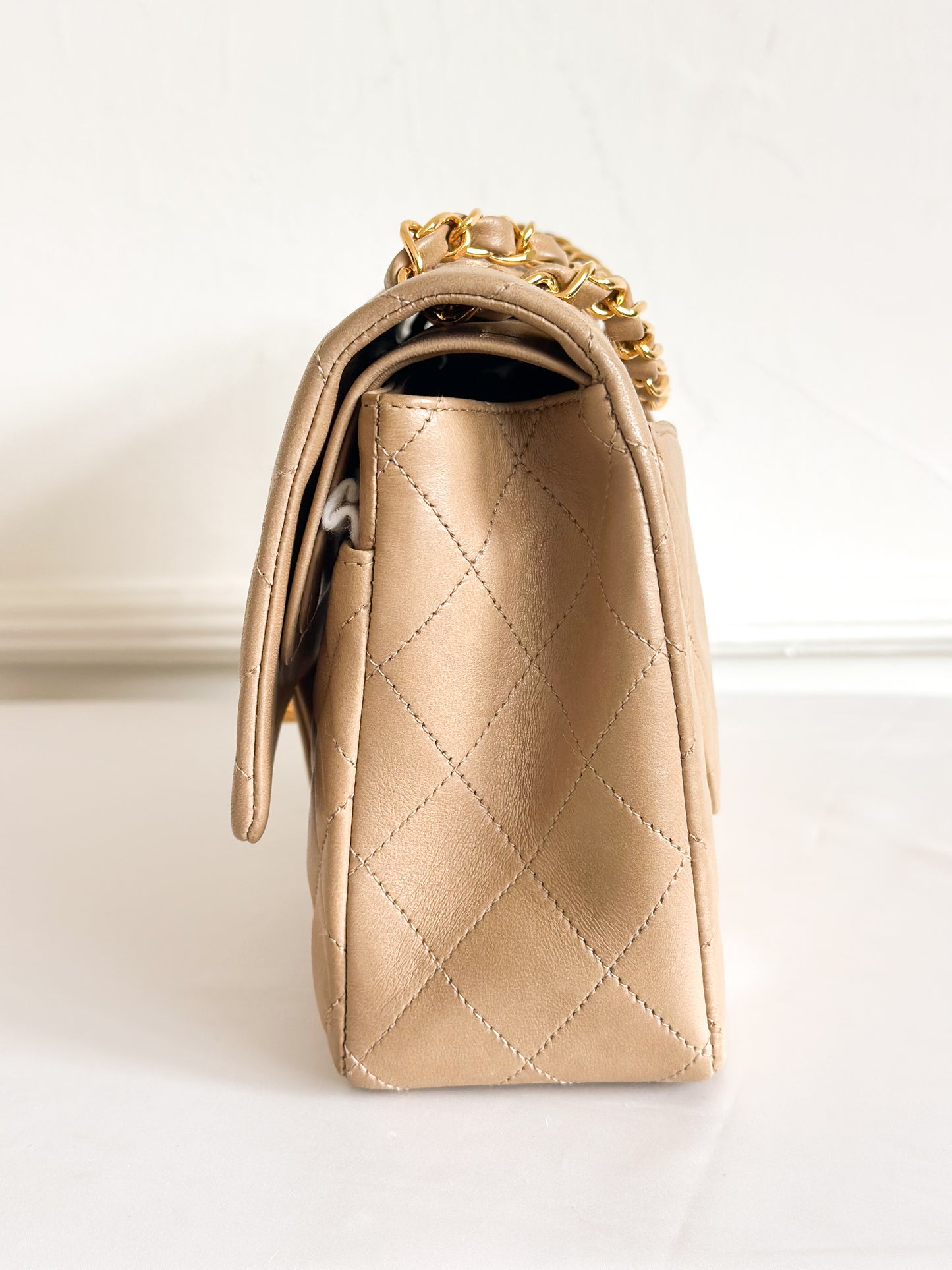 Vintage Chanel Classic Double Flap Bag Quilted Lambskin Medium Beige