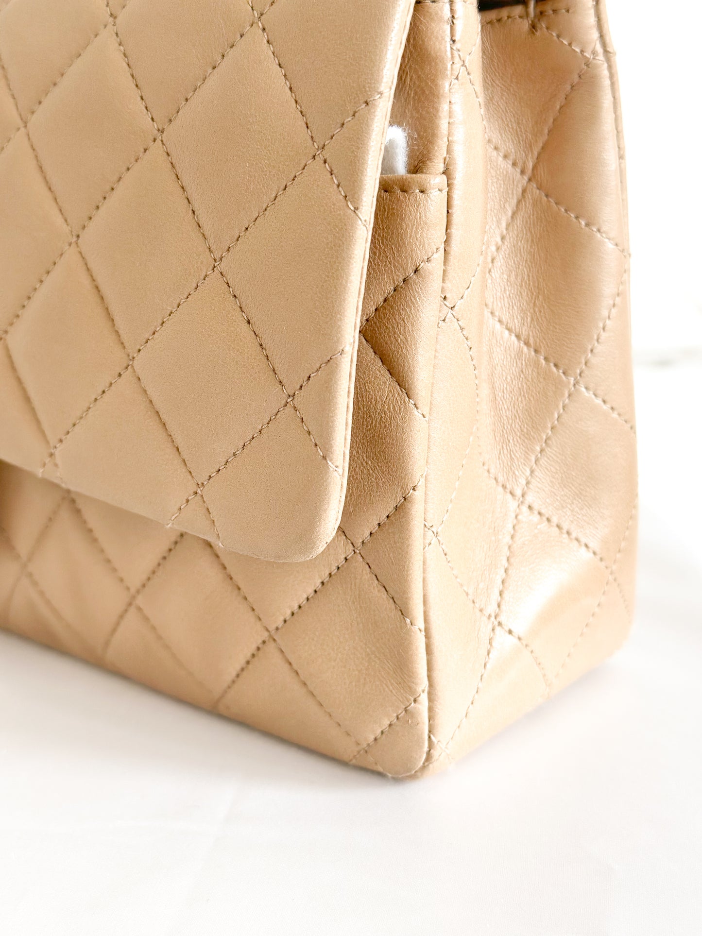 Vintage Chanel Classic Double Flap Bag Quilted Lambskin Medium Beige