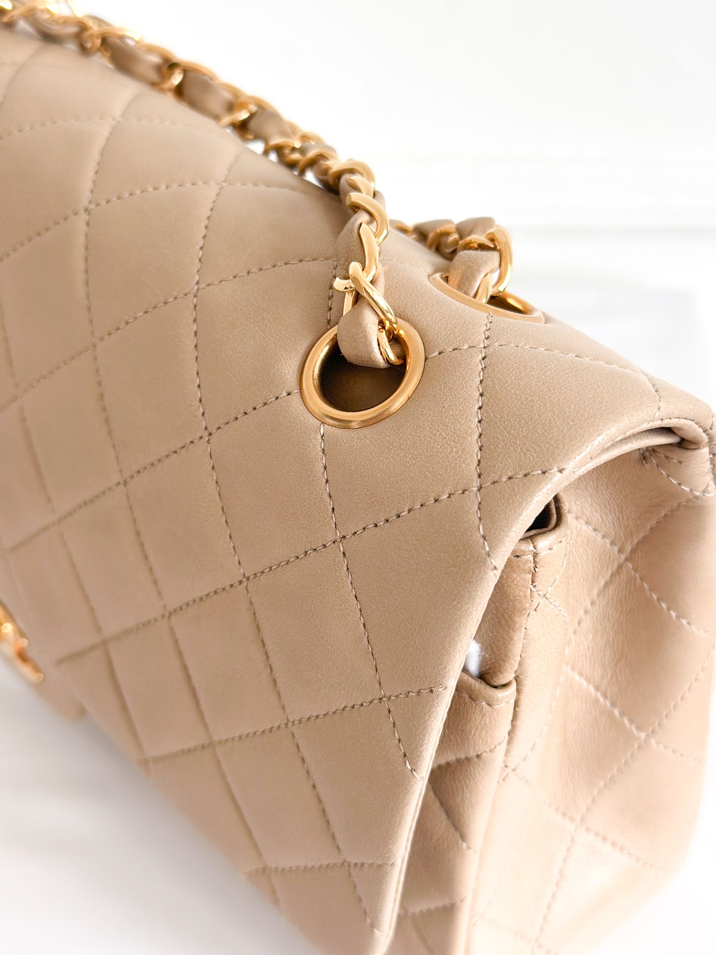 Vintage Chanel Classic Double Flap Bag Quilted Lambskin Medium Beige