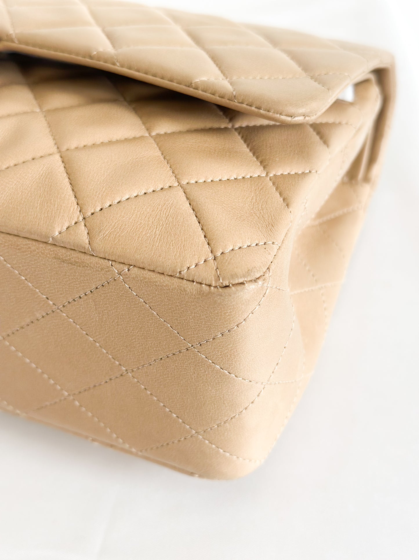 Vintage Chanel Classic Double Flap Bag Quilted Lambskin Medium Beige