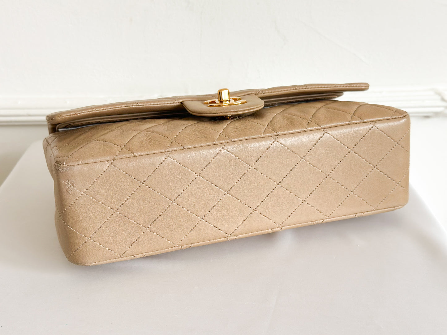 Vintage Chanel Classic Double Flap Bag Quilted Lambskin Medium Beige