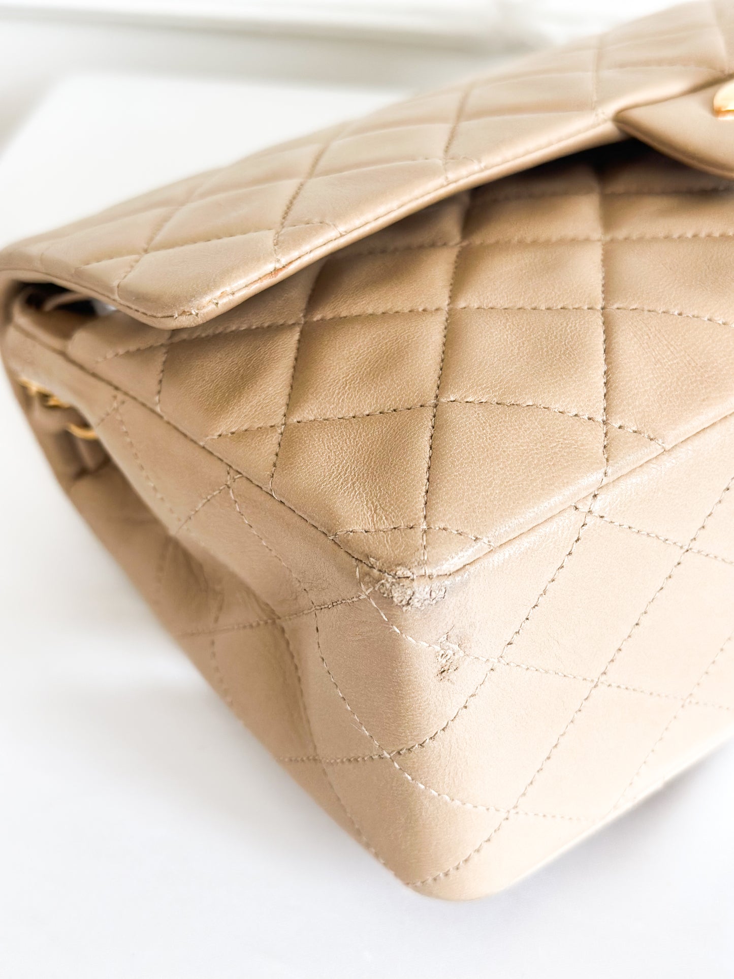 Vintage Chanel Classic Double Flap Bag Quilted Lambskin Medium Beige