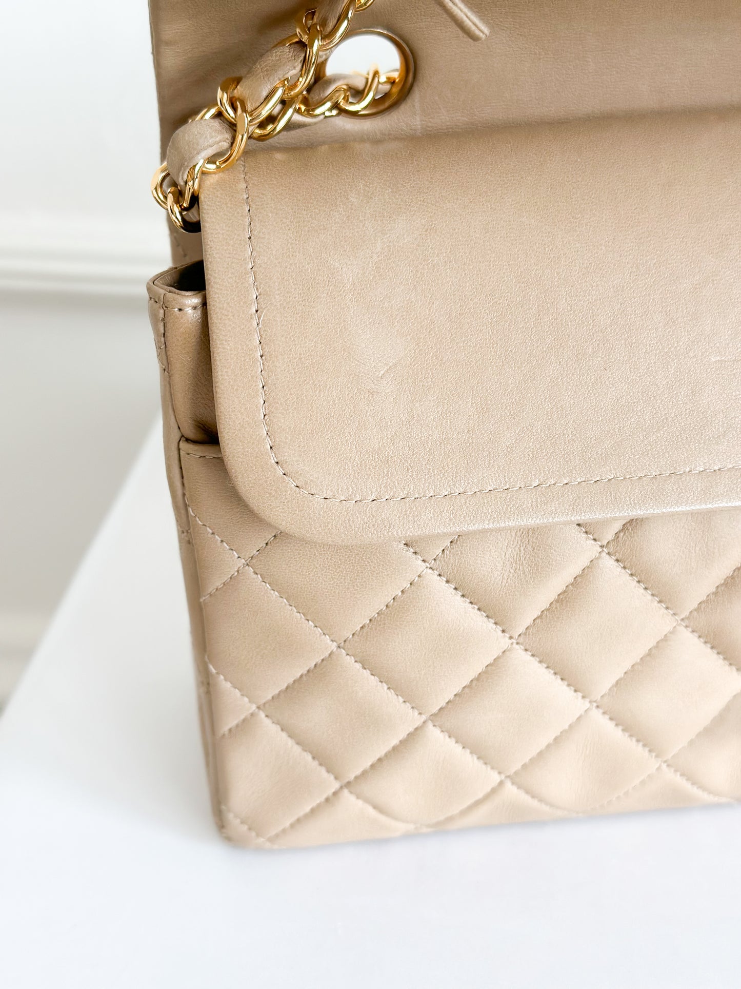 Vintage Chanel Classic Double Flap Bag Quilted Lambskin Medium Beige
