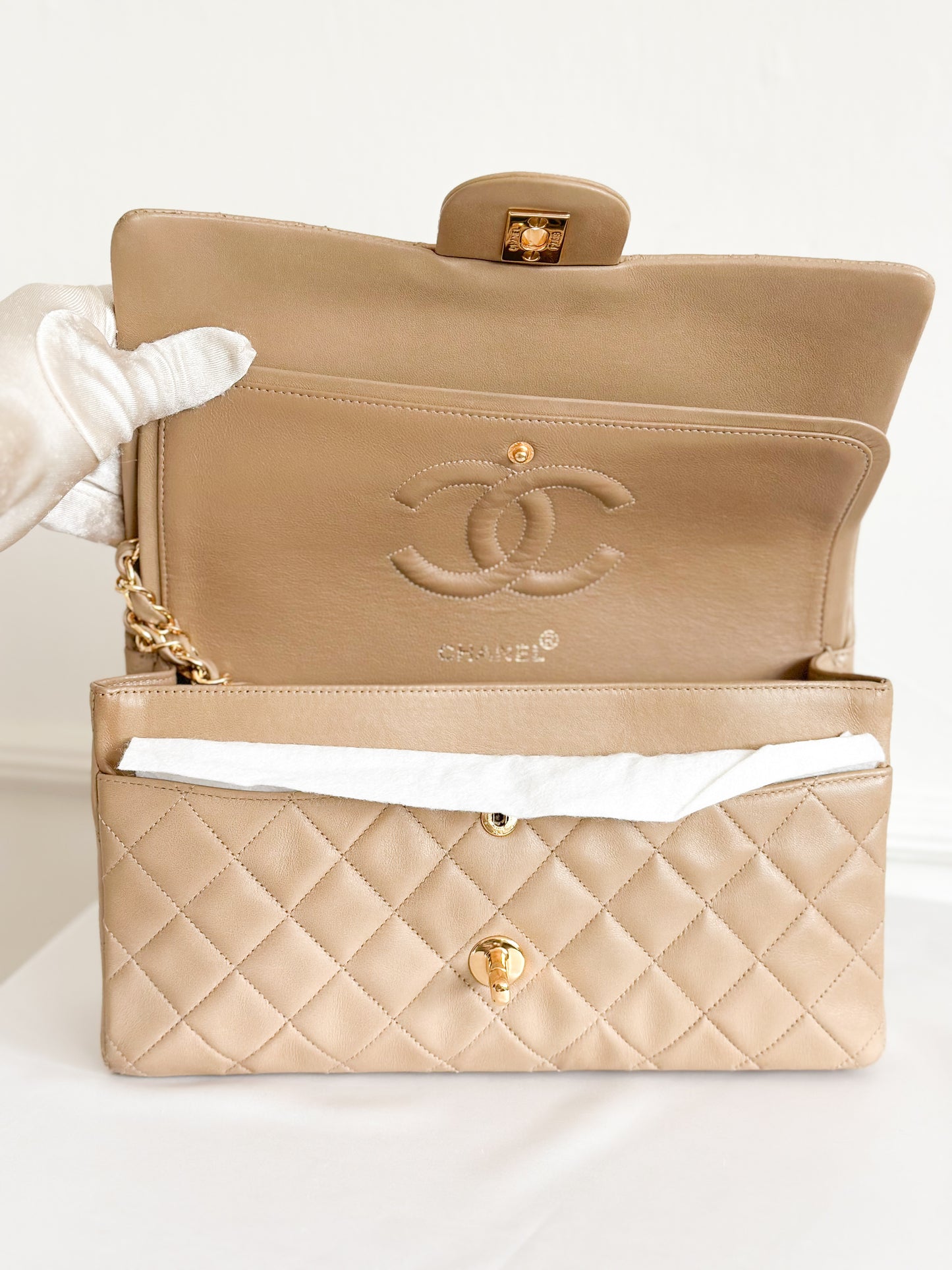 Vintage Chanel Classic Double Flap Bag Quilted Lambskin Medium Beige