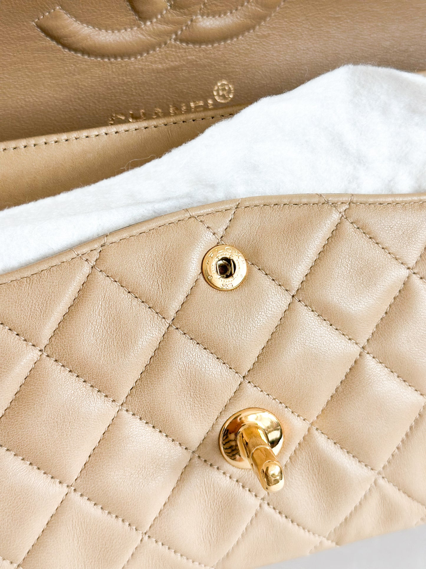 Vintage Chanel Classic Double Flap Bag Quilted Lambskin Medium Beige