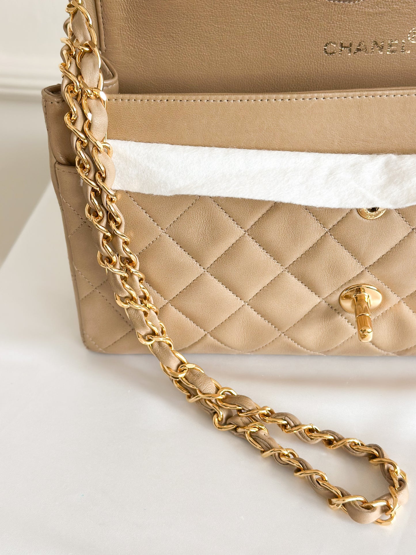 Vintage Chanel Classic Double Flap Bag Quilted Lambskin Medium Beige