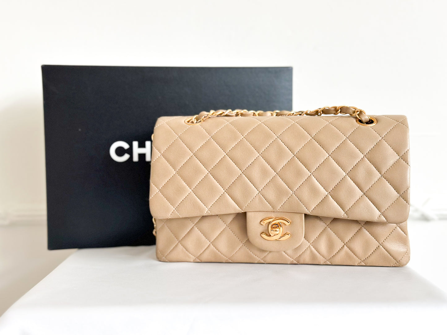 Vintage Chanel Classic Double Flap Bag Quilted Lambskin Medium Beige