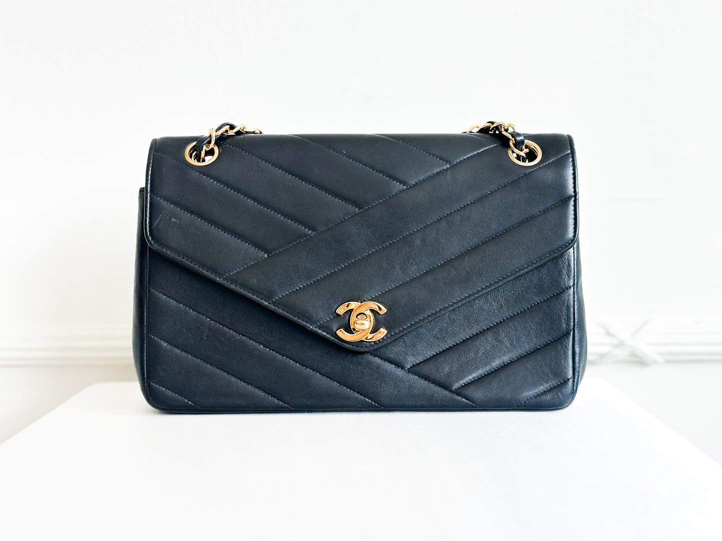 Chanel 1991 Vintage Bias Stitch Black Flap Bag 24k Gold Plating