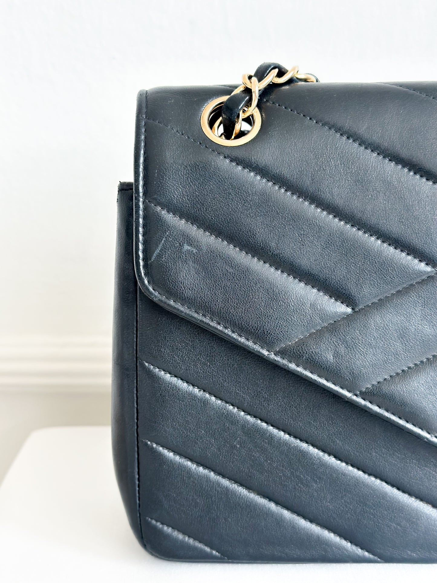 Chanel 1991 Vintage Bias Stitch Black Flap Bag 24k Gold Plating
