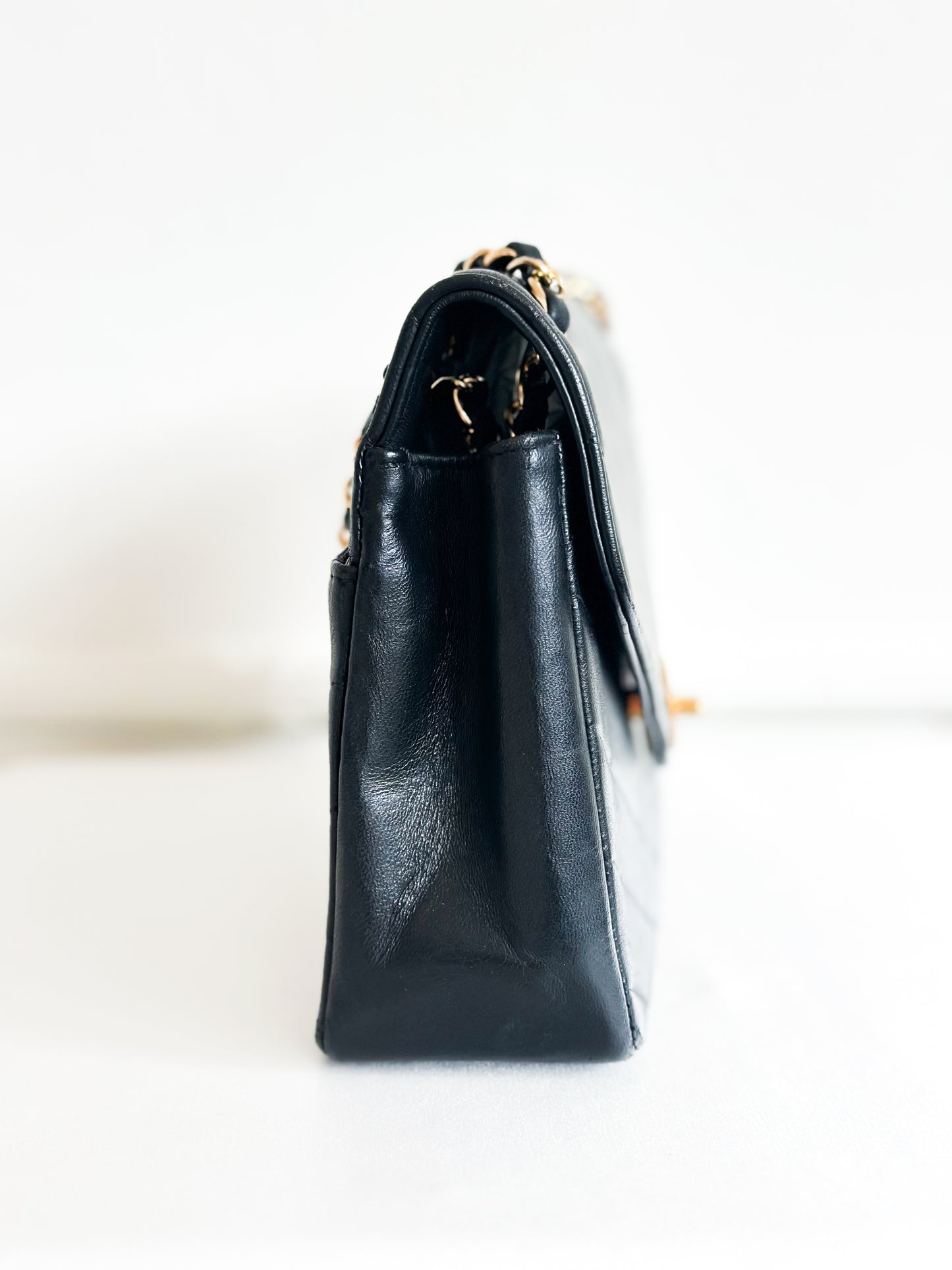 Chanel 1991 Vintage Bias Stitch Black Flap Bag 24k Gold Plating