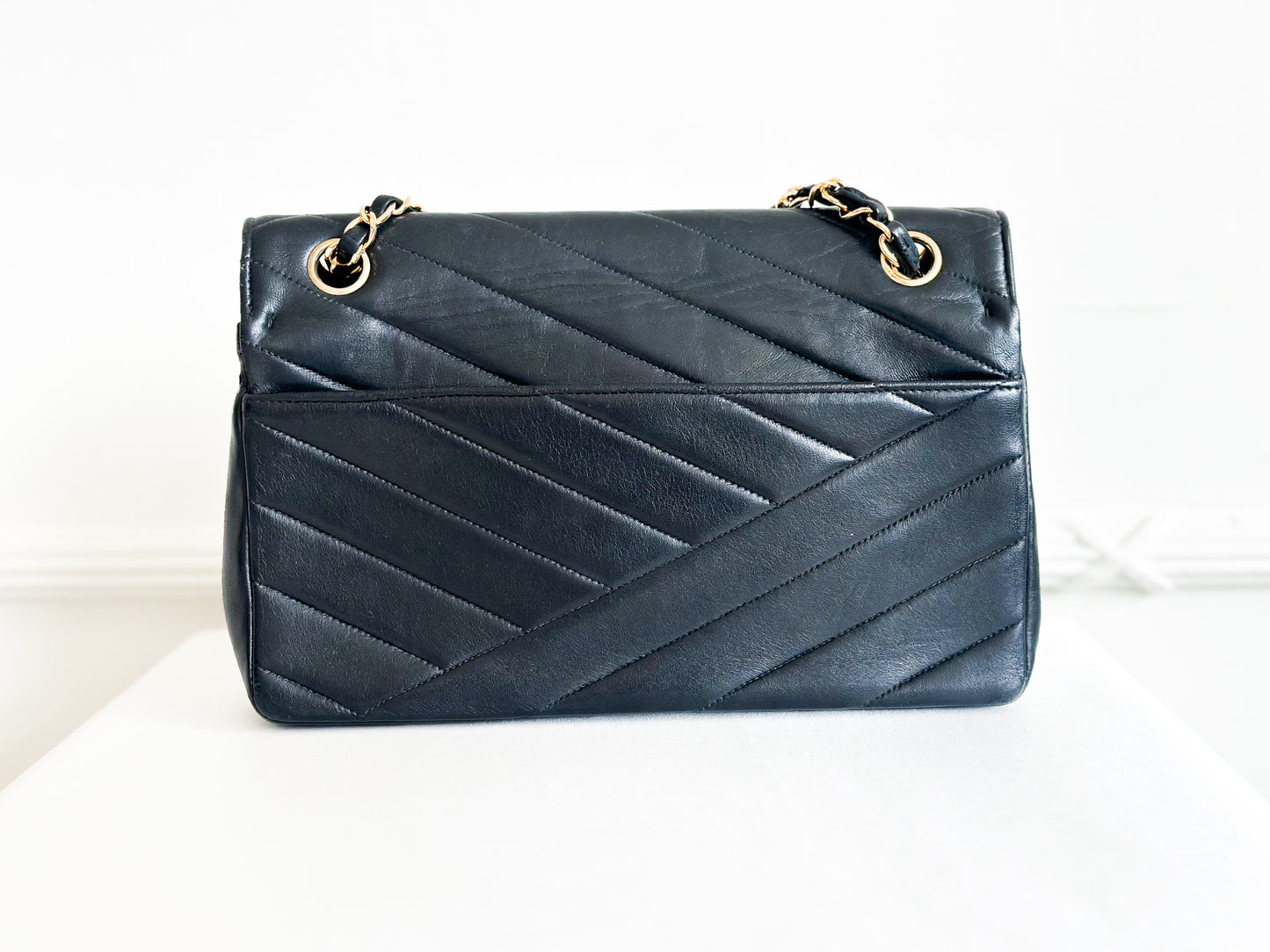 Chanel 1991 Vintage Bias Stitch Black Flap Bag 24k Gold Plating
