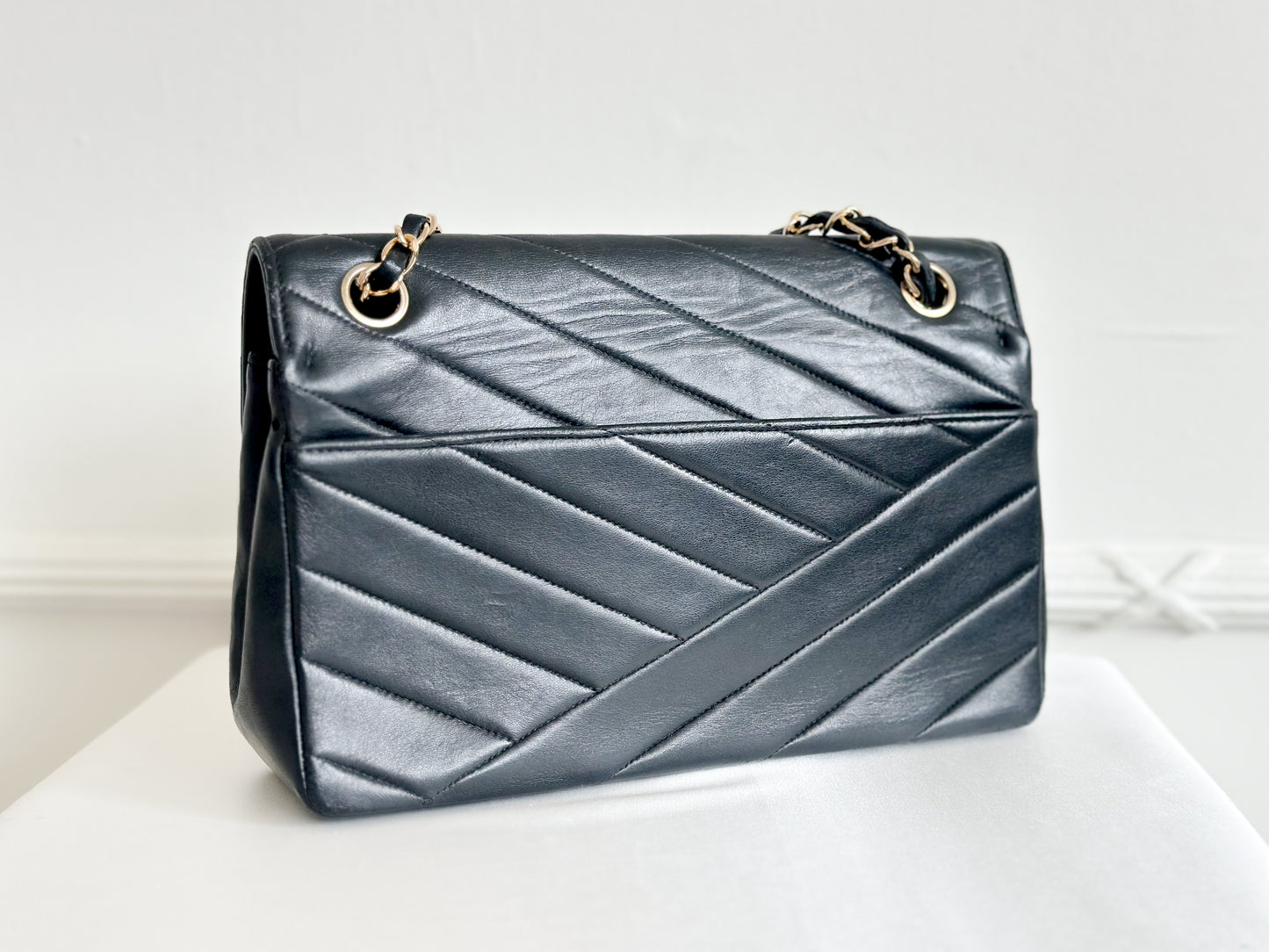 Chanel 1991 Vintage Bias Stitch Black Flap Bag 24k Gold Plating