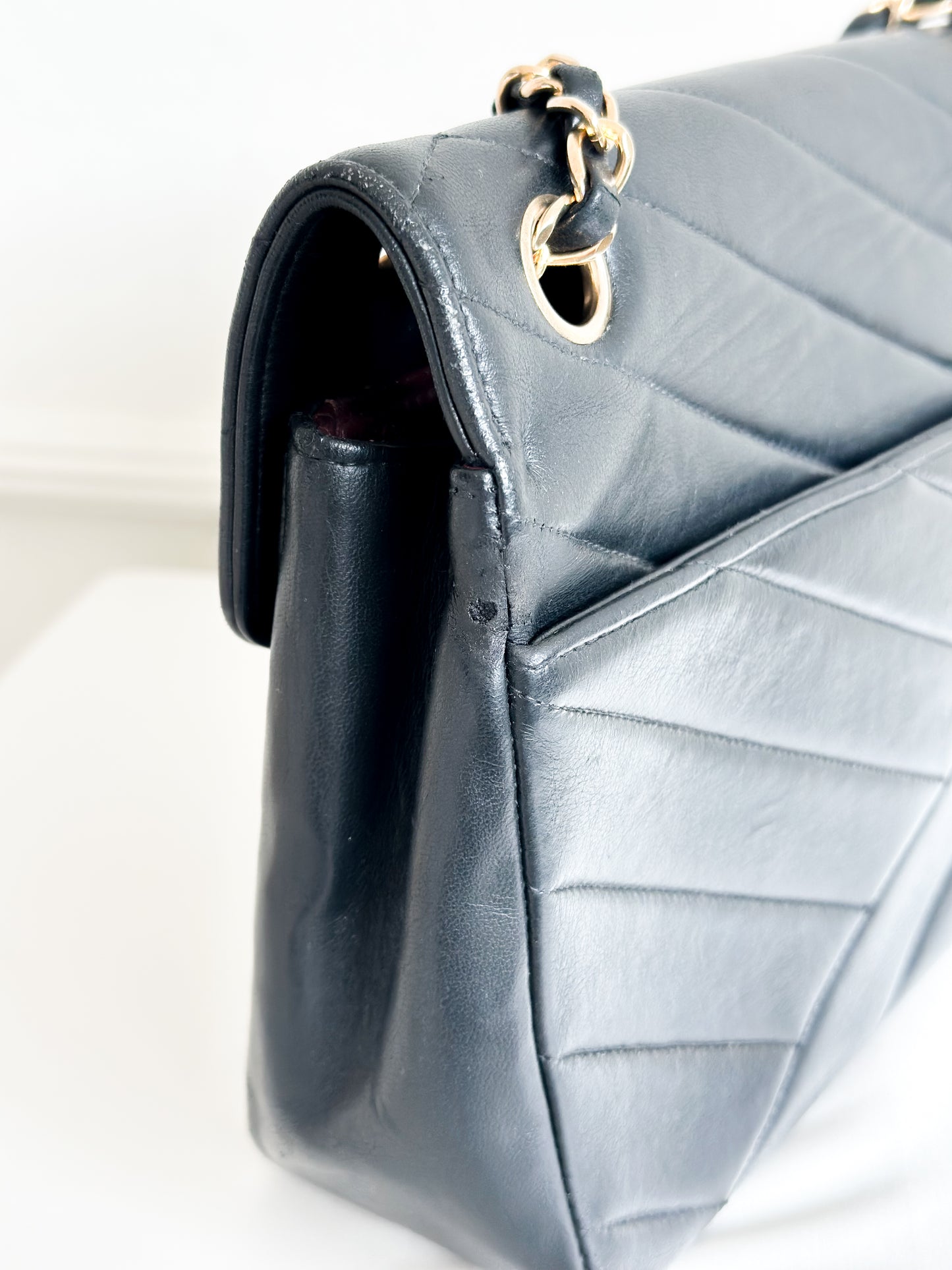Chanel 1991 Vintage Bias Stitch Black Flap Bag 24k Gold Plating