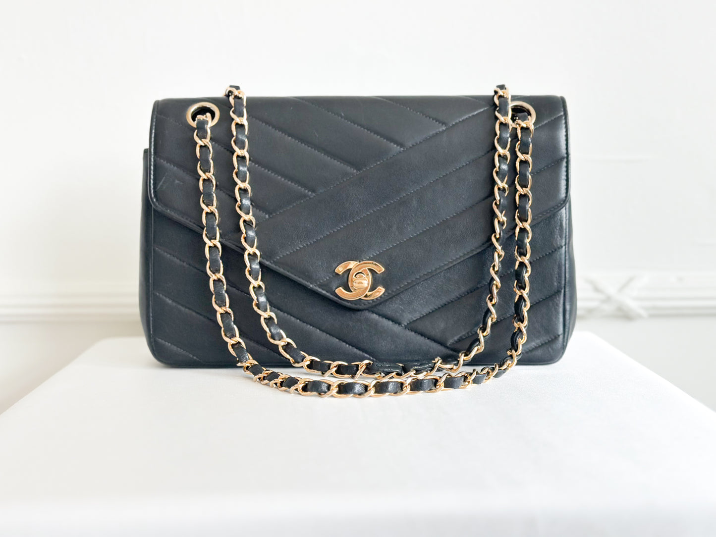 Chanel 1991 Vintage Bias Stitch Black Flap Bag 24k Gold Plating