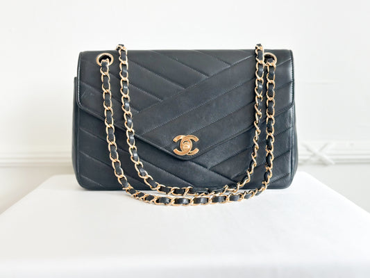 Chanel 1991 Vintage Bias Stitch Black Flap Bag 24k Gold Plating