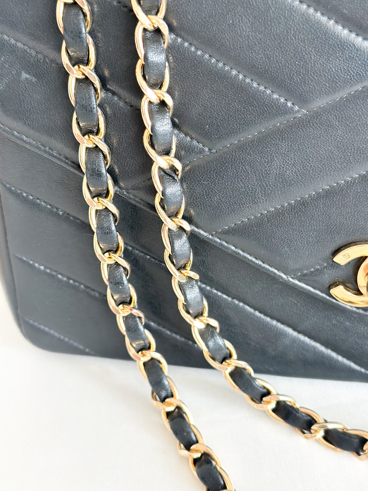 Chanel 1991 Vintage Bias Stitch Black Flap Bag 24k Gold Plating