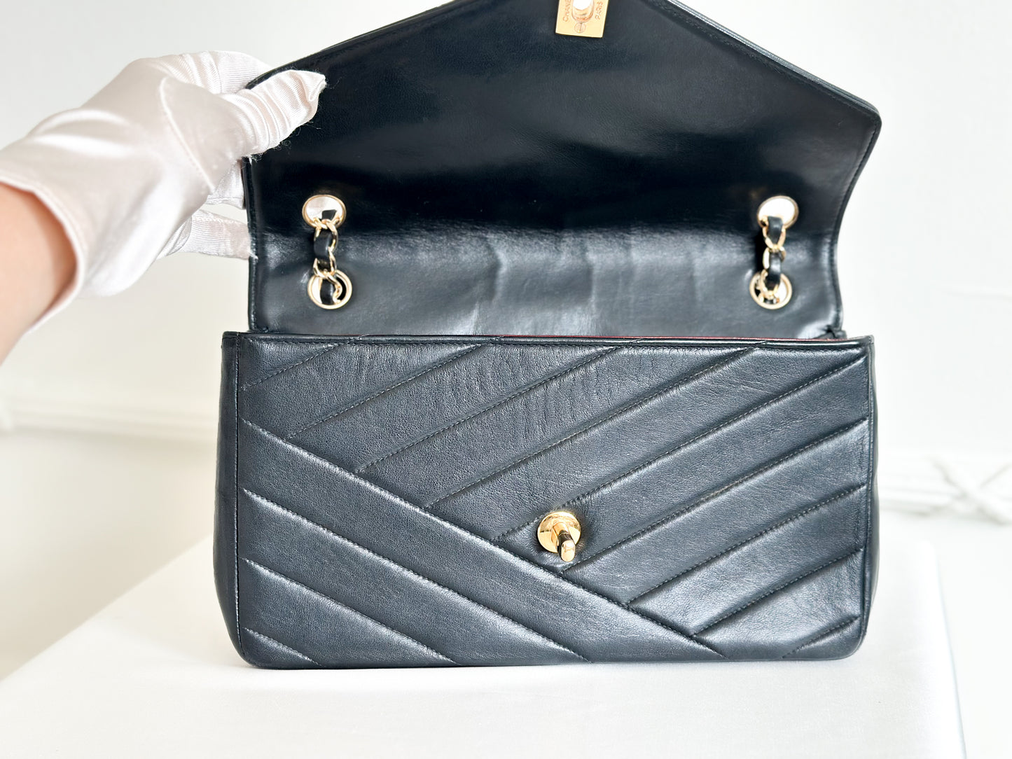 Chanel 1991 Vintage Bias Stitch Black Flap Bag 24k Gold Plating