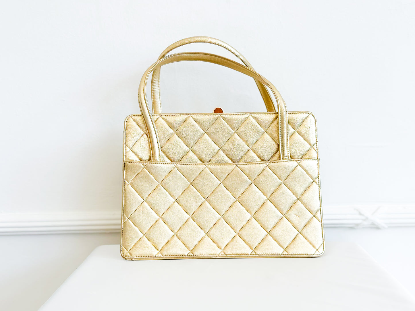 1996 Vintage Chanel Quilted Gold Leather Top Handle Bag