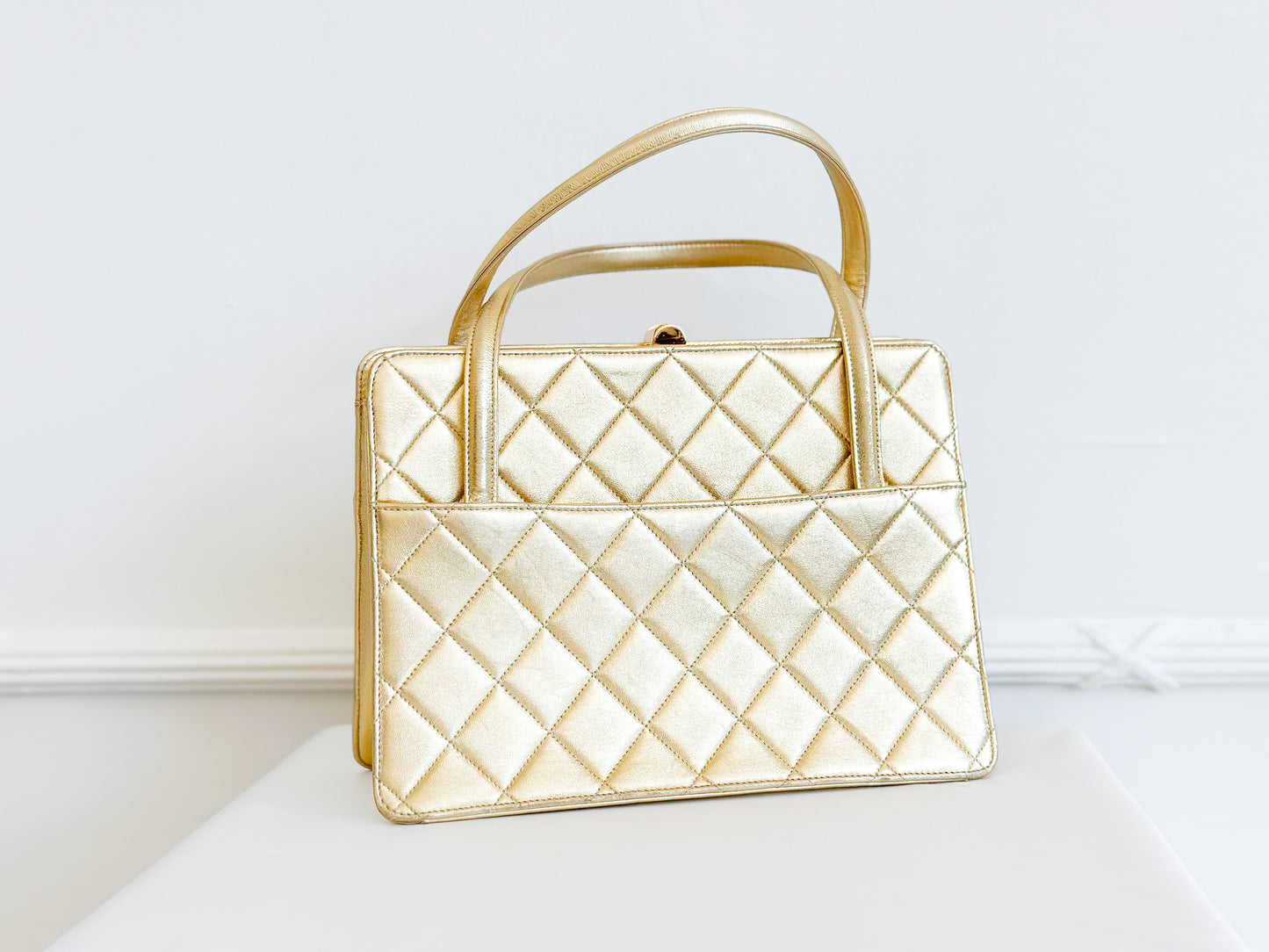 1996 Vintage Chanel Quilted Gold Leather Top Handle Bag