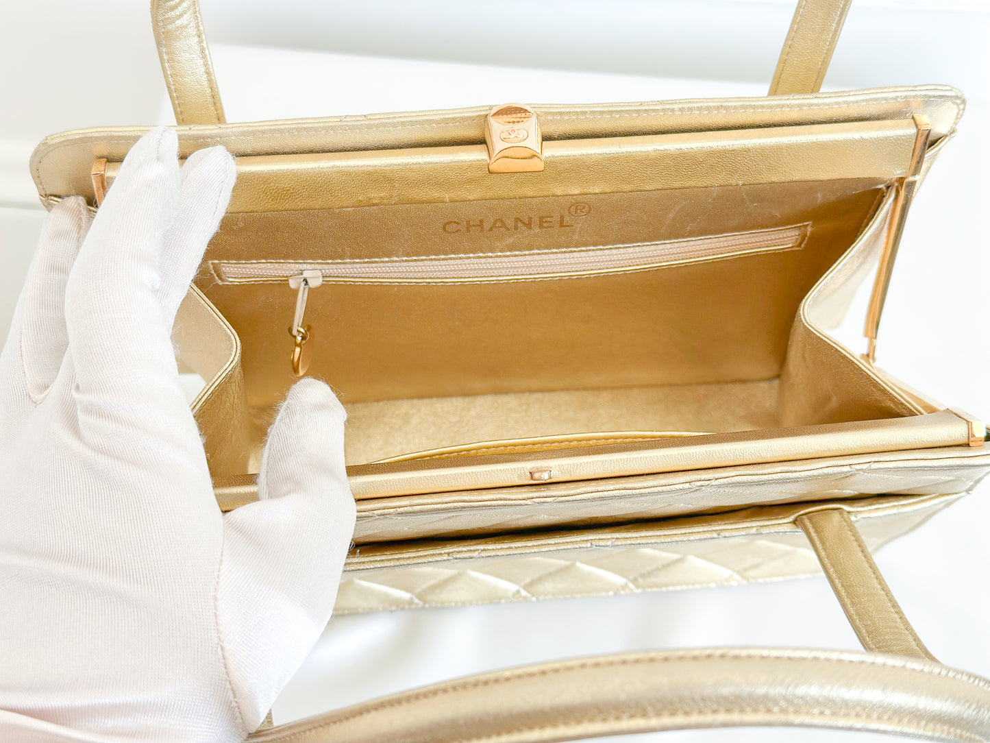 1996 Vintage Chanel Quilted Gold Leather Top Handle Bag