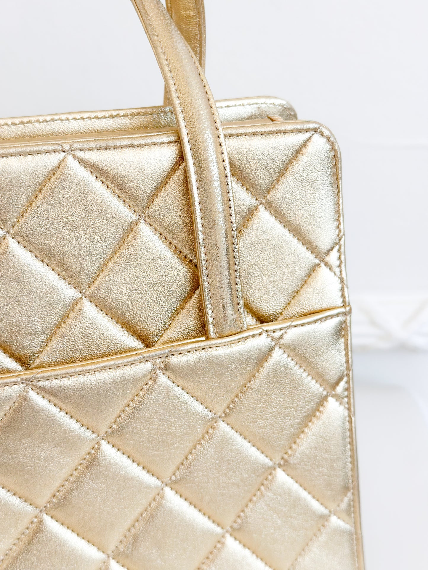 1996 Vintage Chanel Quilted Gold Leather Top Handle Bag