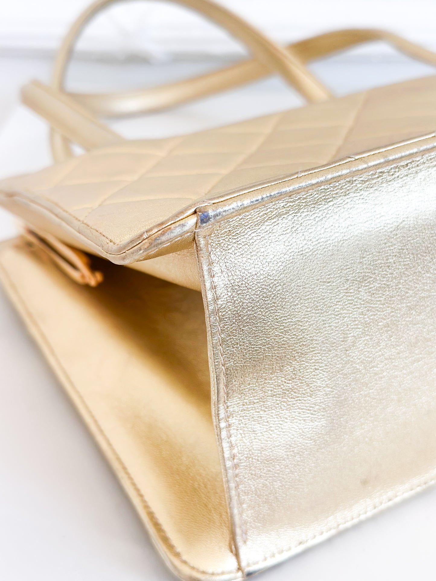 1996 Vintage Chanel Quilted Gold Leather Top Handle Bag