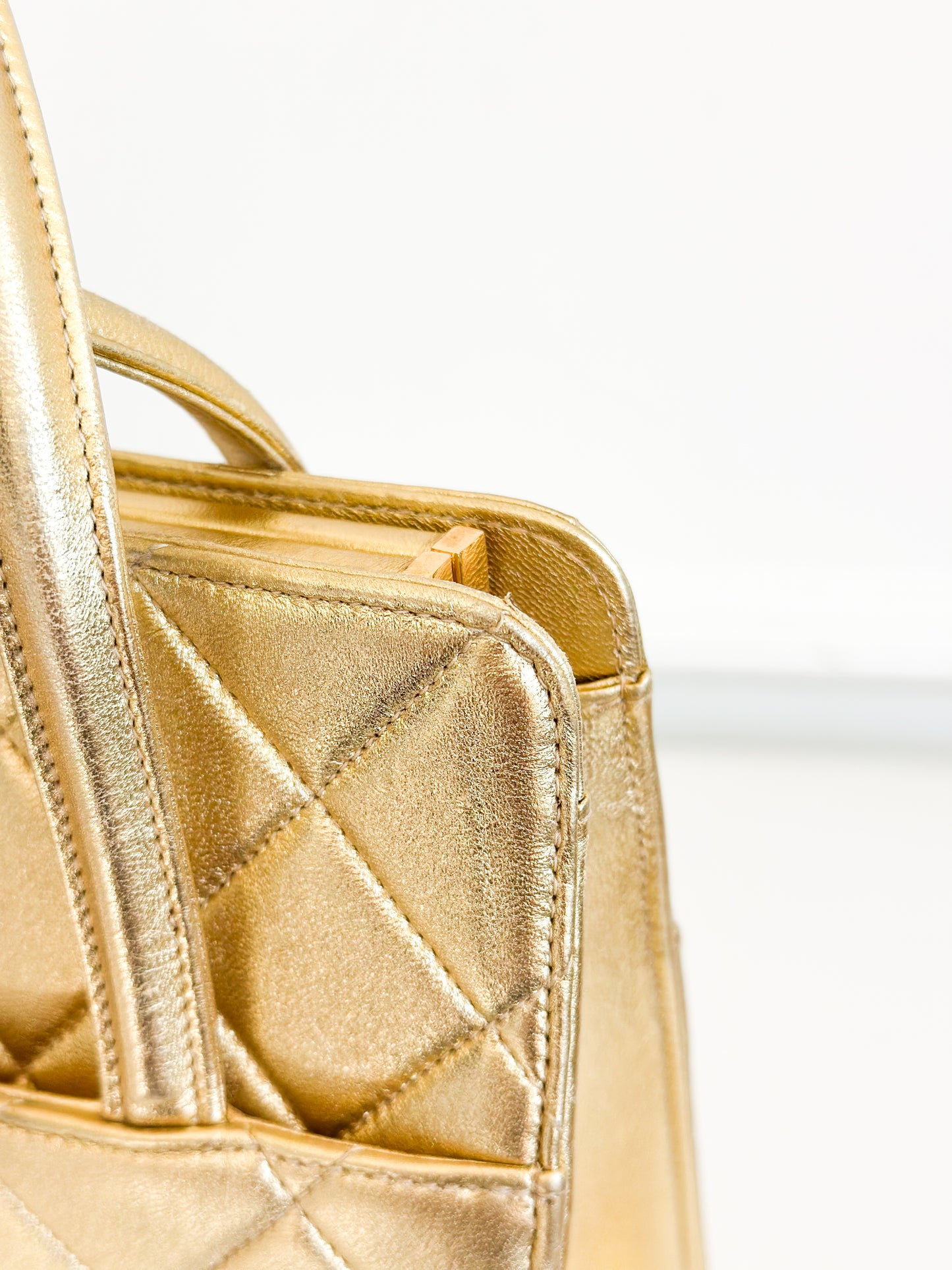 1996 Vintage Chanel Quilted Gold Leather Top Handle Bag