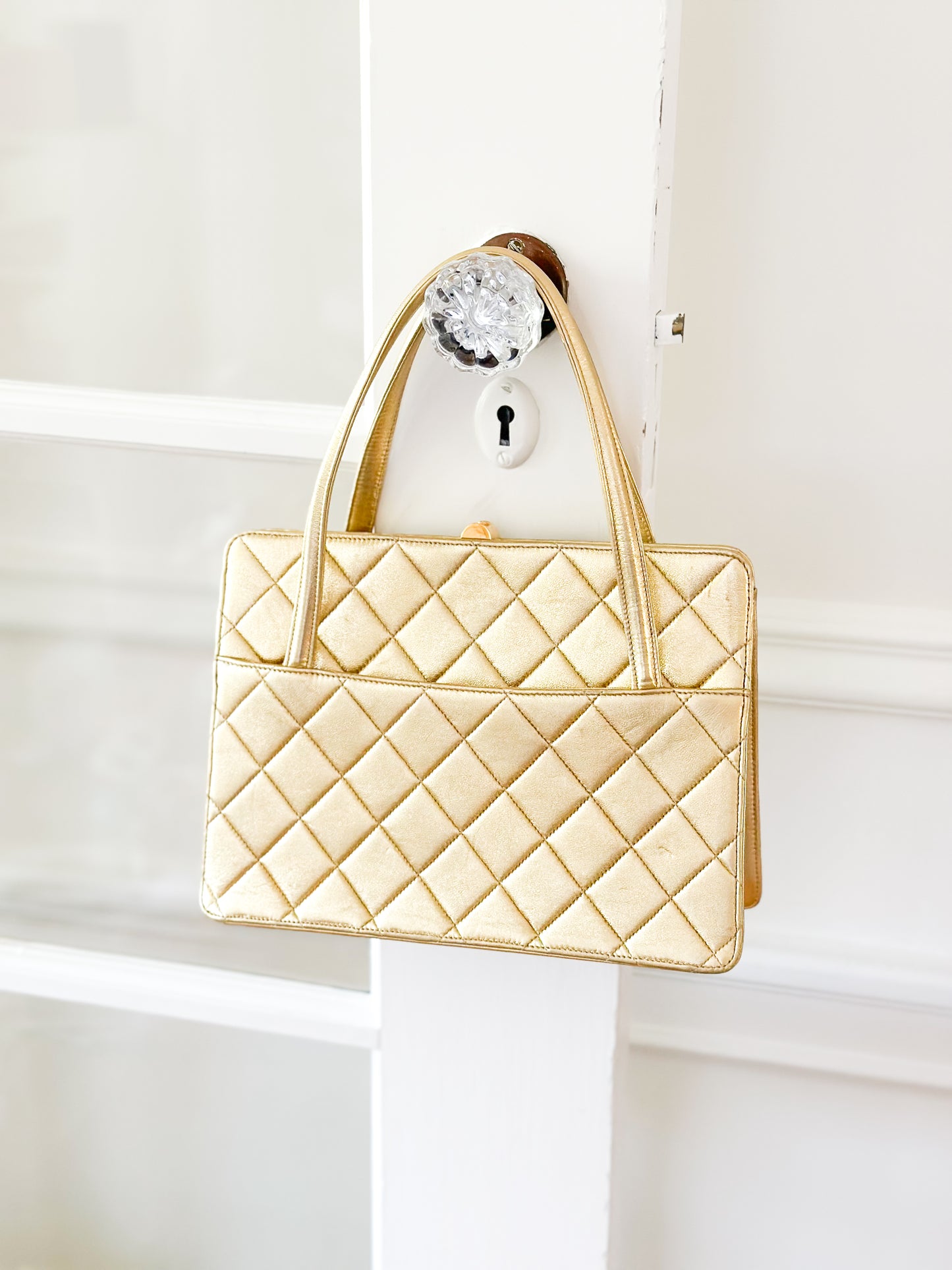 1996 Vintage Chanel Quilted Gold Leather Top Handle Bag